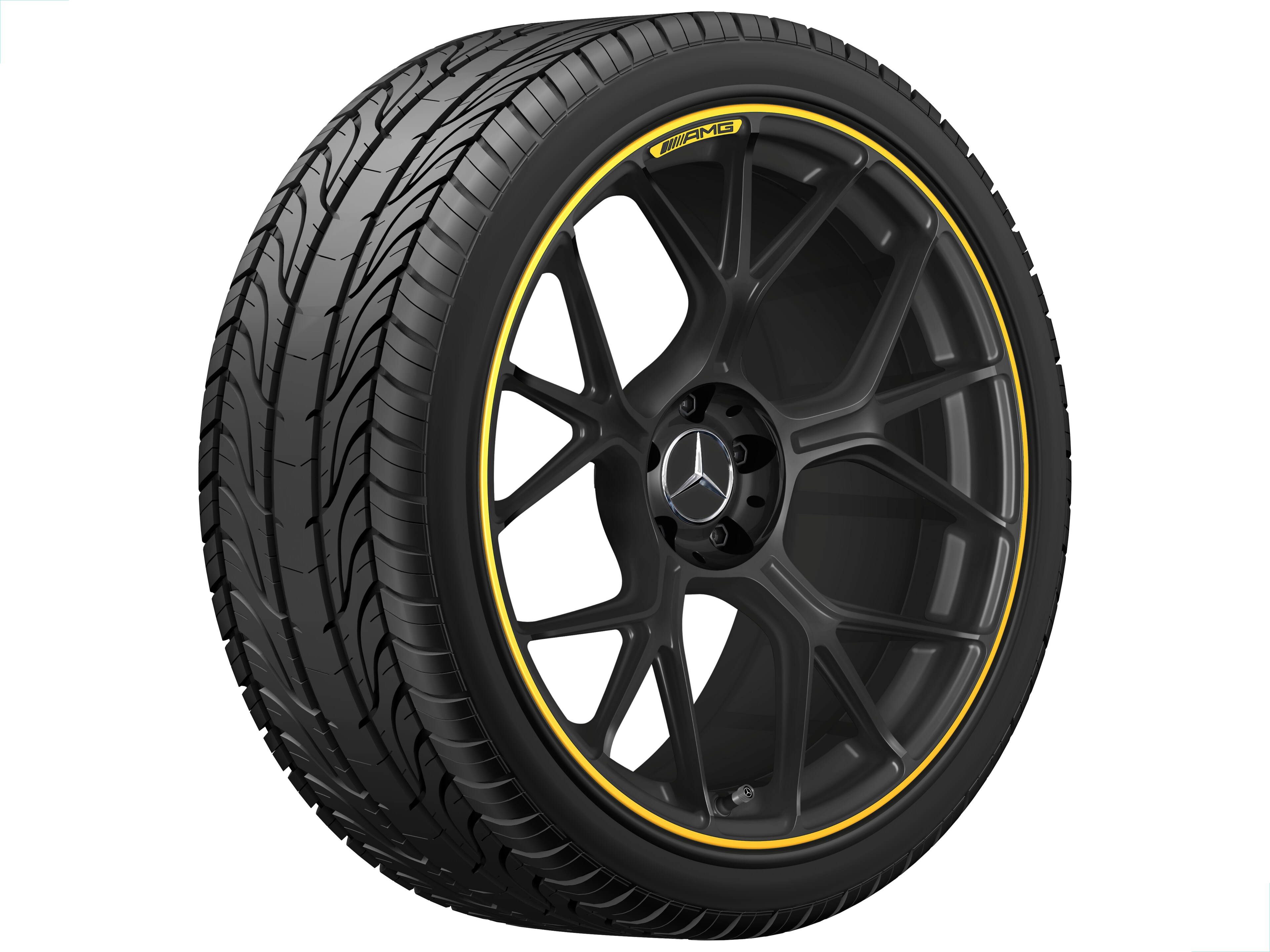 Gesmede AMG-velg In kruisspaak-design, 50,8 cm (20 inch) - 11 J x 20 ET 24,1, Matzwart / dignaalgeel, glanzend gepolijst