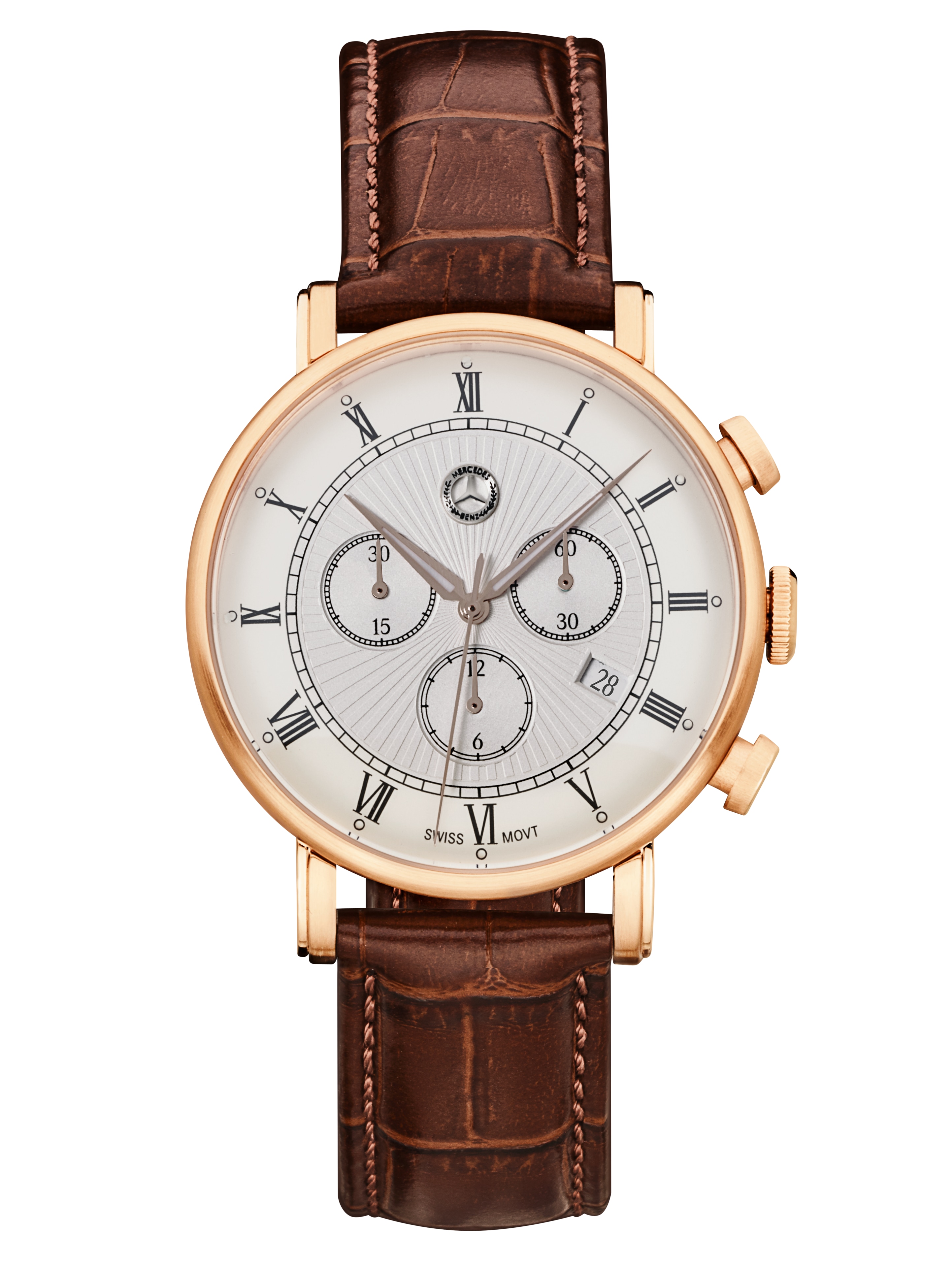Chronograaf heren, Classic Retro Gold - Roségoudkleurig / bruin, edelstaal / Kalfsleder