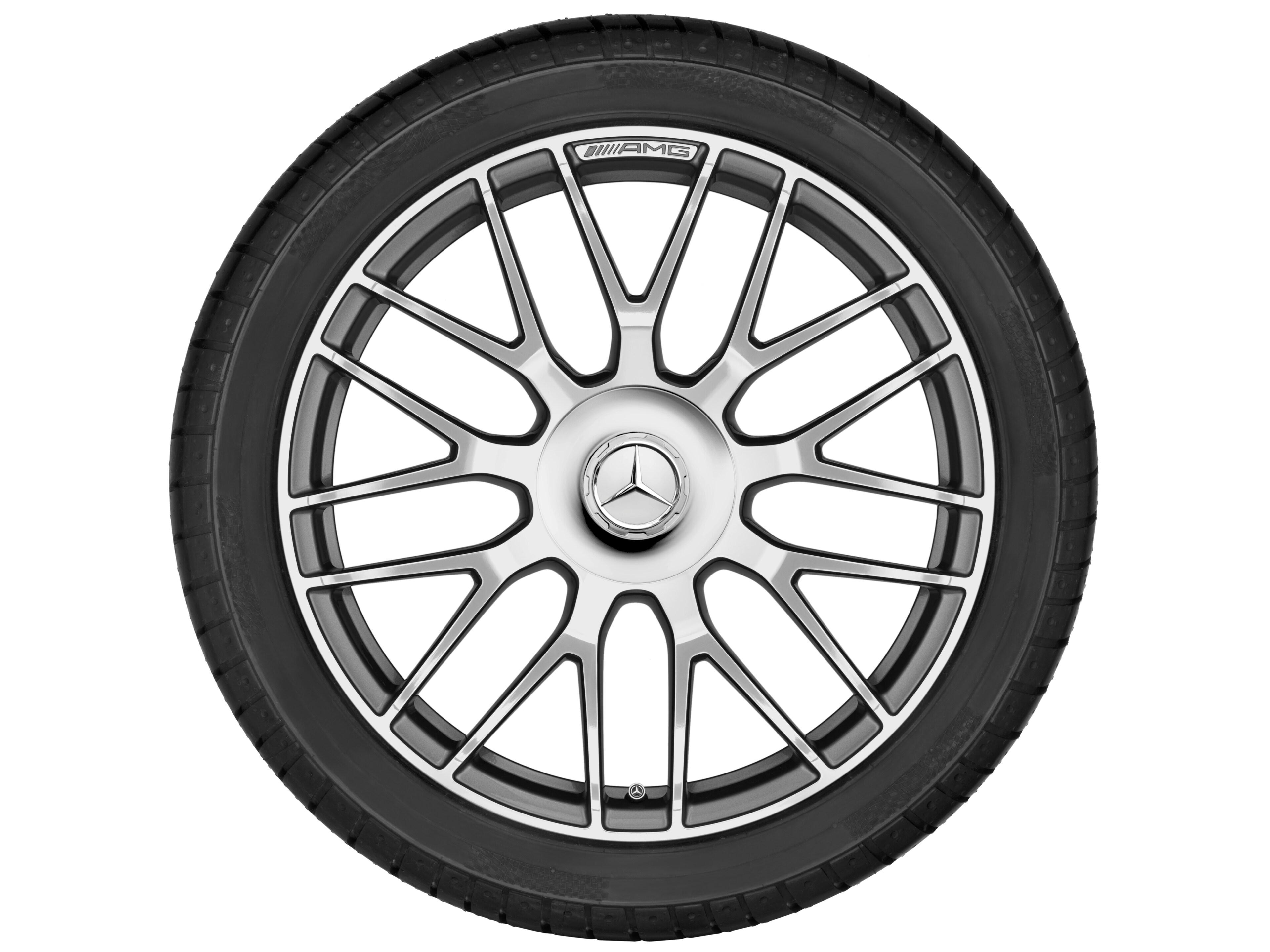 Gesmede AMG-velg In kruisspaak-design, 50,8 cm (20 inch) - 10,5 J x 20 ET 57, titaniumgrijs, glanzend gepolijst